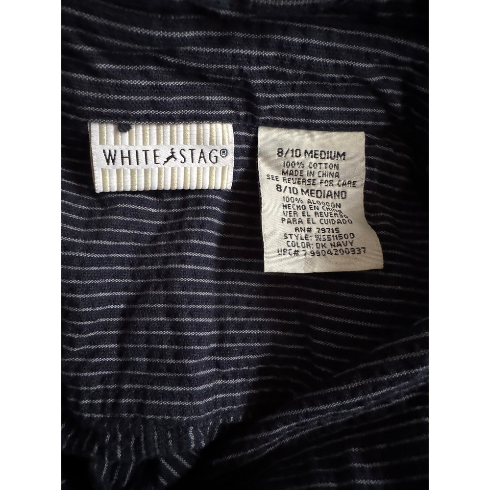 White Stag Navy Pinstripe Seersucker Shirt Dress Cotton Button Front Medium 8/10 - Picture 5 of 5